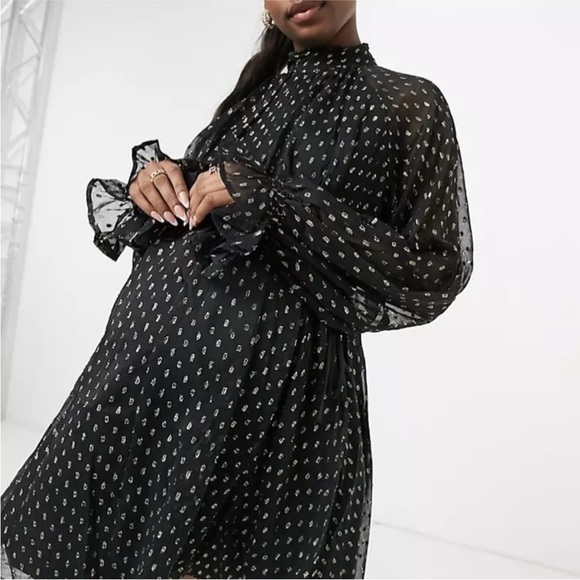 ASOS Maternity High Neck Long Sleeve Black/Gold Metallic Chiffon Mini Dress NWOT - Picture 4 of 15